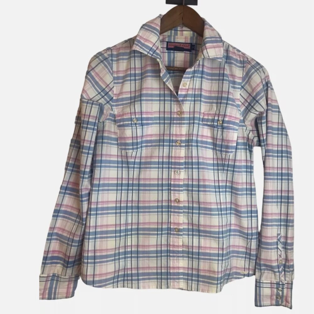 Vineyard Vines Women’s Shirt Size 6 Pastel Plaid Cotton Whale Logo Preppy HTF